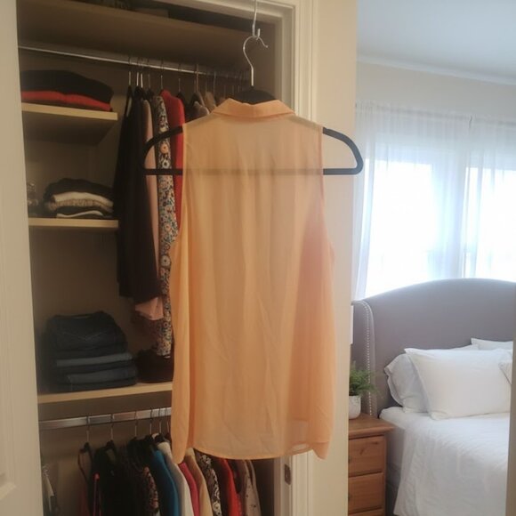 F21 Peach Light Coral Pastel Sheer Chiffon Off Shoulder Button Up Top Blouse L - Picture 4 of 13